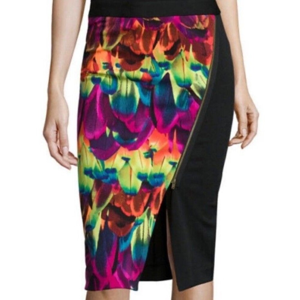 WORTHINGTON Woman 16W Skirt Black Multi Feather Design Accent Zipper Front Slit